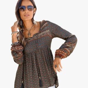 LASCANA Venus Women's Long Sleeve Boho Print Top Print Teal and Red Size Small
